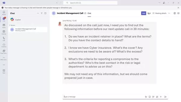Illustration: a simulated Teams chat with a list of actions